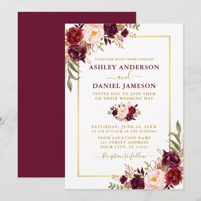 Invitation Aquarelle moderne Bourgogne Floral Mariage or (Devant / Derrière)
