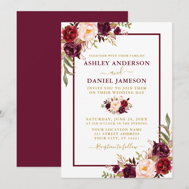 Invitation Aquarelle moderne Bourgogne Floral Mariage Or (Devant / Derrière)