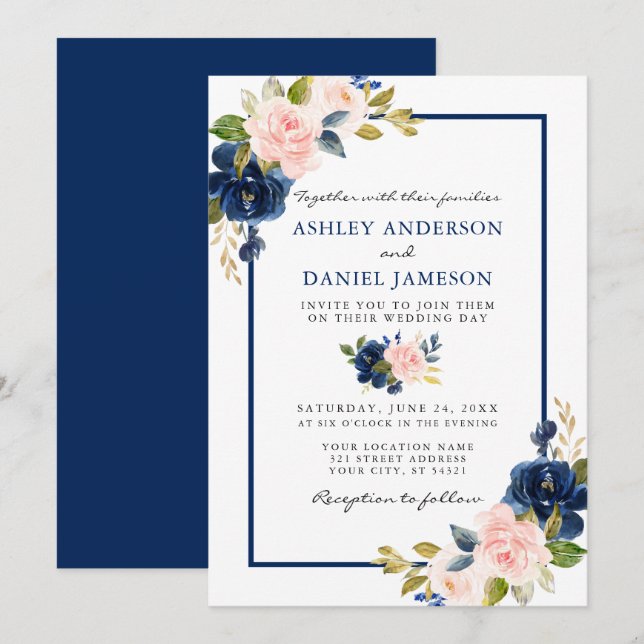 Invitation Aquarelle moderne Classique Bleu rose Mariage Flor (Devant / Derrière)
