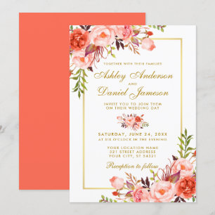 Invitation Aquarelle moderne Coral Floral Mariage or