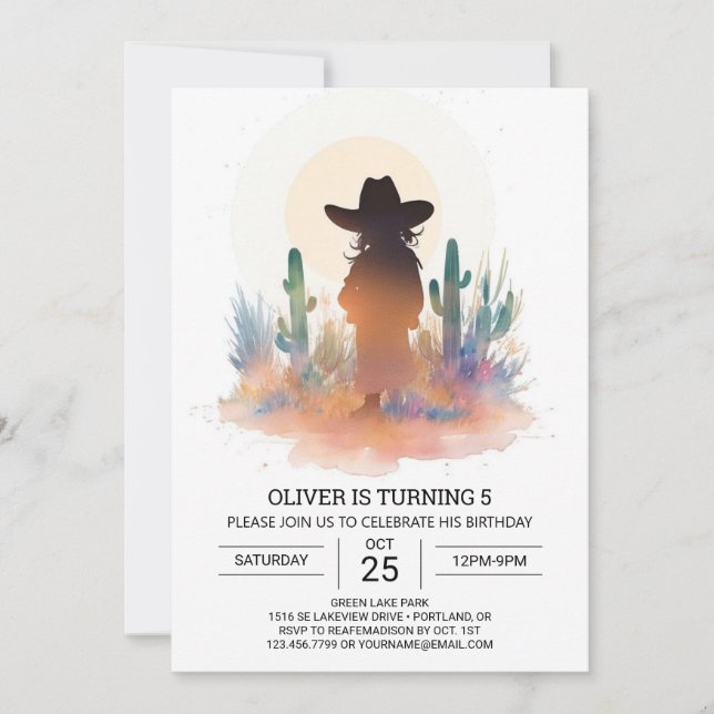 Invitation Aquarelle Moderne Cowboy Anniversaire (Devant)