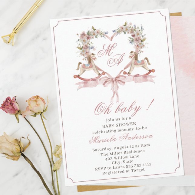 Invitation Aquarelle moderne crête rose Rockin Horse Baby Sho (Créateur téléchargé)