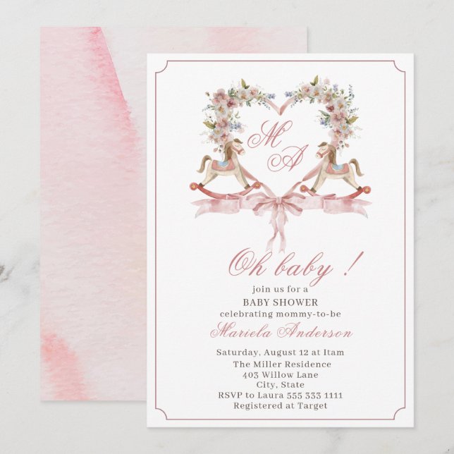 Invitation Aquarelle moderne crête rose Rockin Horse Baby Sho (Devant / Derrière)