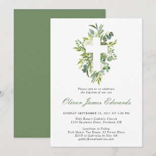 Invitation Aquarelle moderne Croix florale Sage vert Baptême