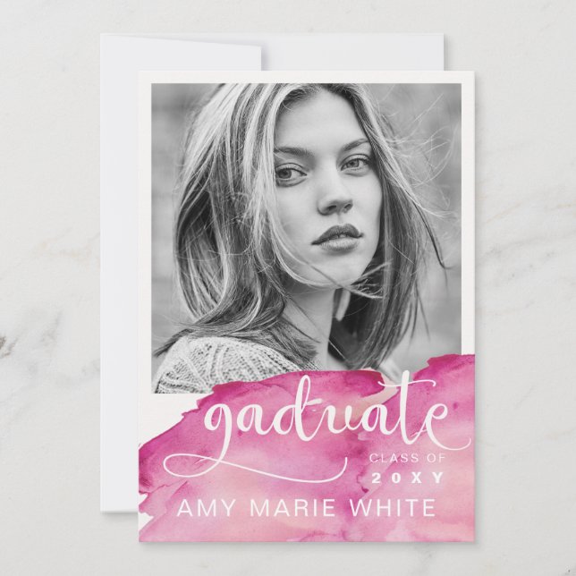 Invitation Aquarelle Moderne Design Script Photo Graduation (Devant)