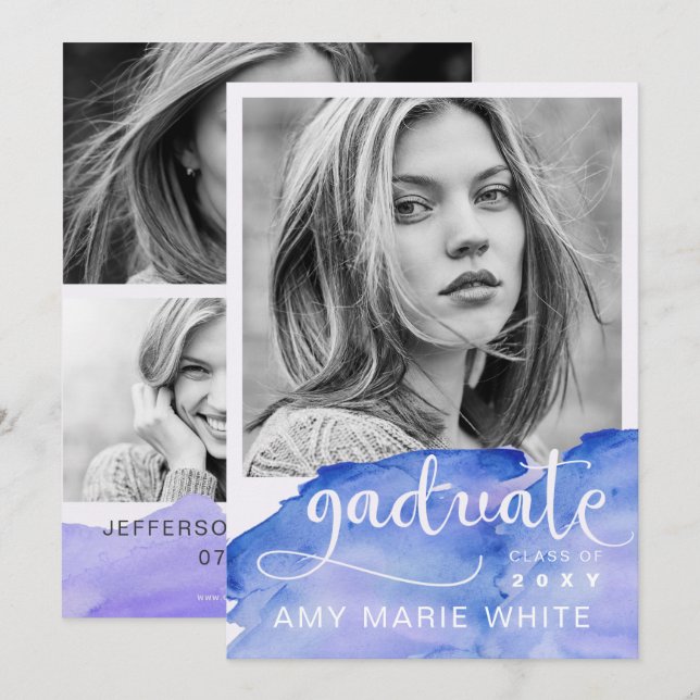 Invitation Aquarelle Moderne Design Script Photo Graduation (Devant / Derrière)