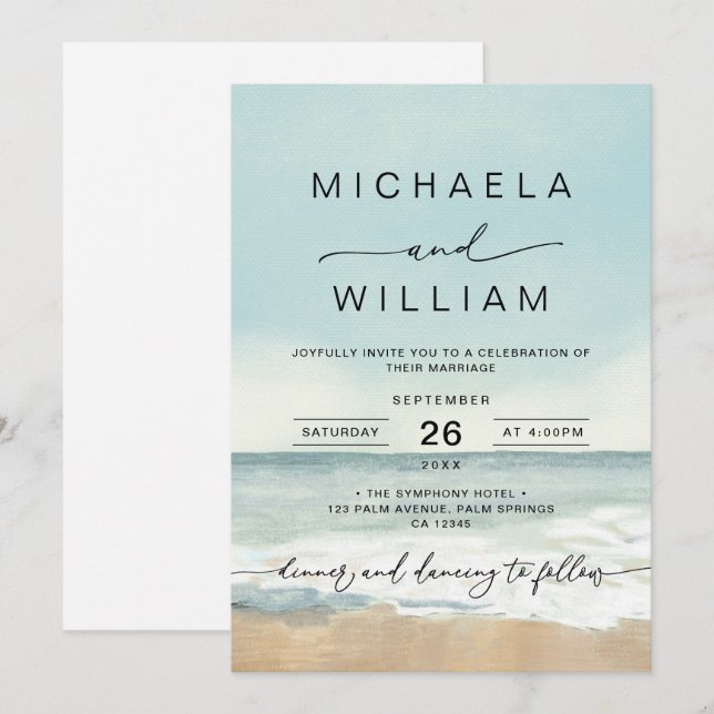 Invitation Aquarelle moderne Destination Mariage plage (Devant / Derrière)