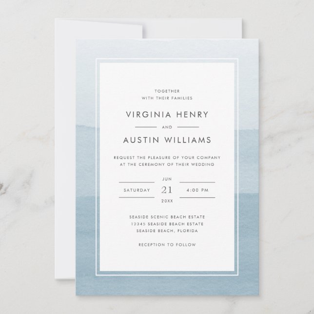 Invitation Aquarelle moderne Dusty Blue Mariage (Devant)