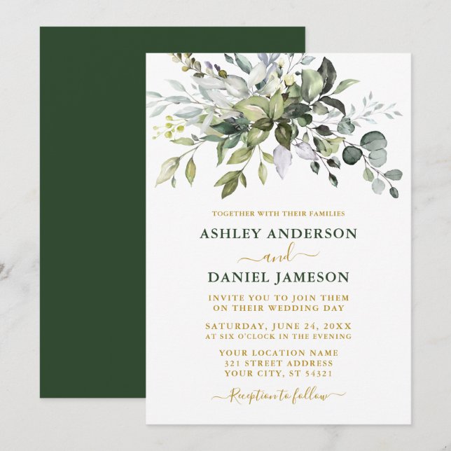Invitation Aquarelle moderne élégante Verdure Mariage Or (Devant / Derrière)