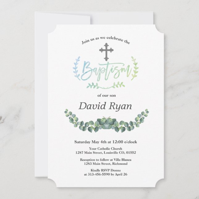 Invitation Aquarelle moderne Eucalyptus Cross Baptême (Devant)