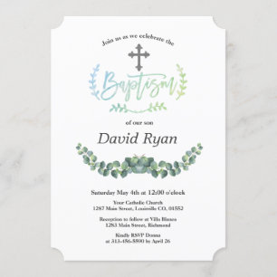 Invitation Aquarelle moderne Eucalyptus Cross Baptême