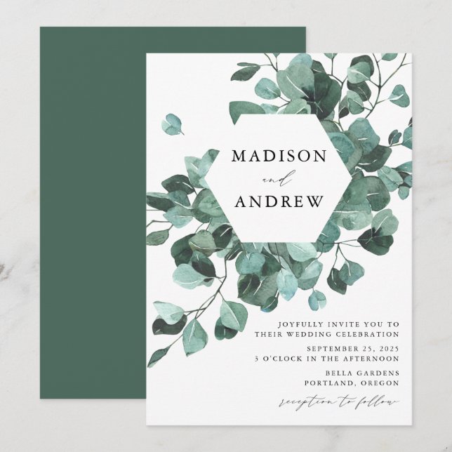 Invitation Aquarelle moderne Eucalyptus Mariage de verdure (Devant / Derrière)