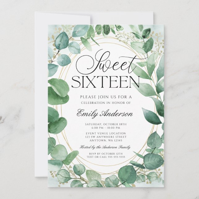 Invitation Aquarelle moderne Eucalyptus Sweet 16 (Devant)