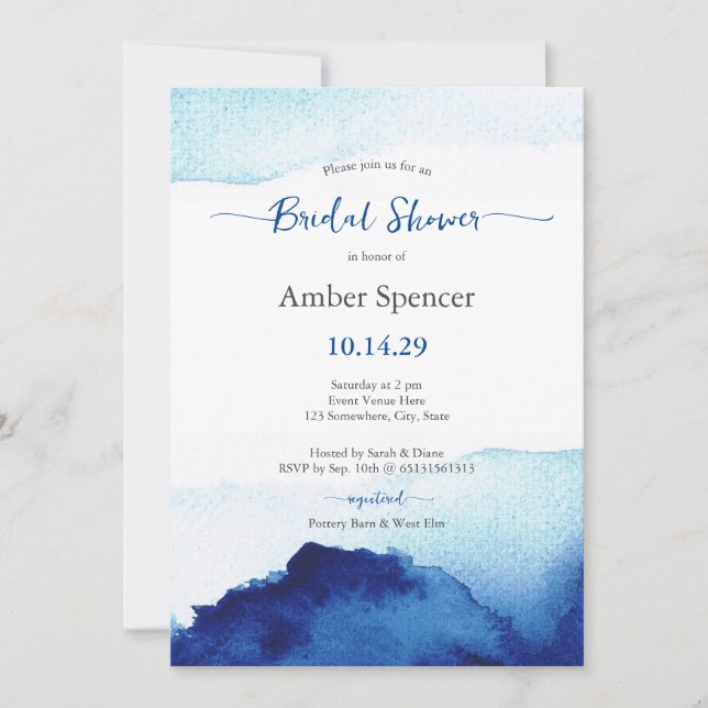 Invitation Aquarelle moderne Fête des mariées bleue Indigo (Devant)
