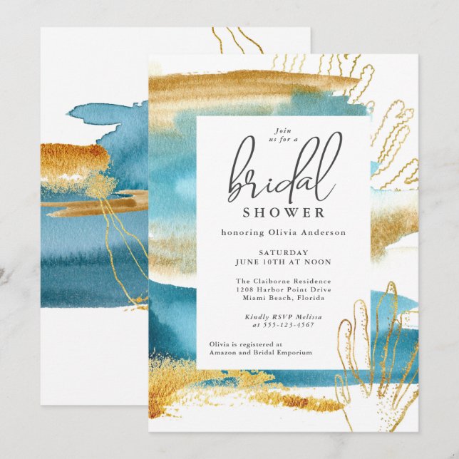 Invitation Aquarelle moderne Fête des mariées côtière (Devant / Derrière)