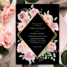 Aquarelle moderne fleurie Noir et or Mariage