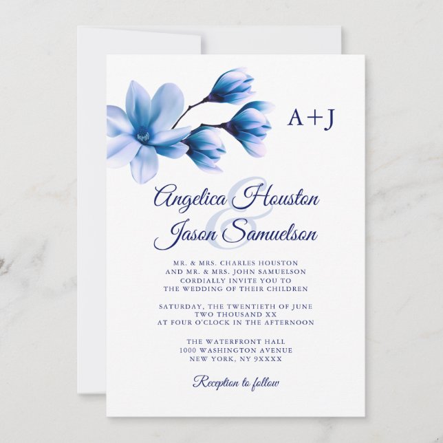 Invitation Aquarelle moderne Floral Bleu Marine Mariage blanc (Devant)