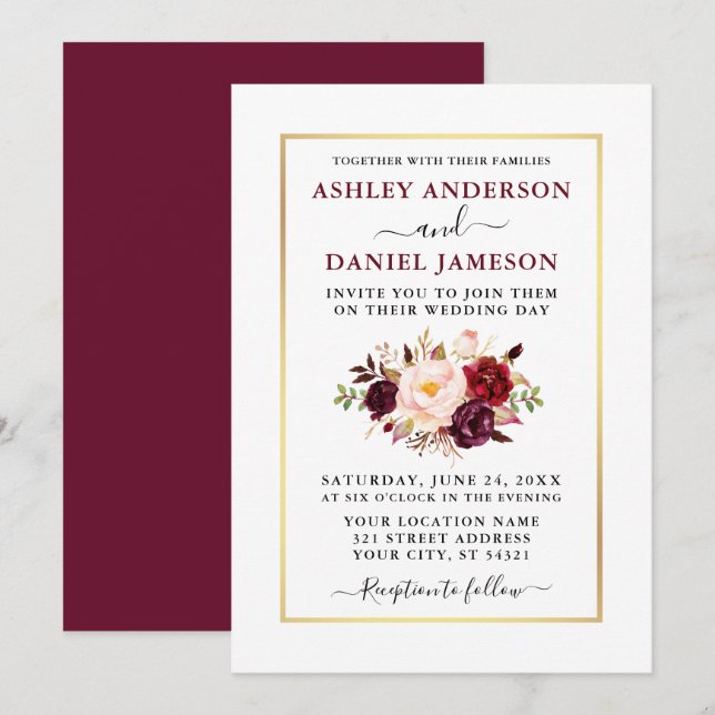 Invitation Aquarelle moderne Floral Bourgogne Mariage (Devant / Derrière)