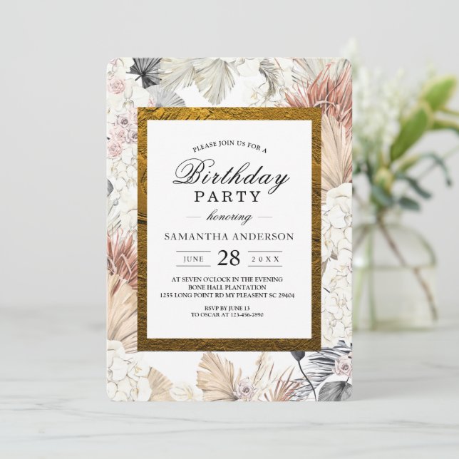 Invitation Aquarelle moderne Floral Orchid Gold Frame (Debout devant)