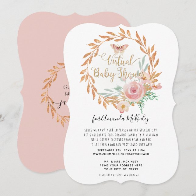 Invitation Aquarelle moderne Floral Rose Or Douche virtuelle (Devant / Derrière)