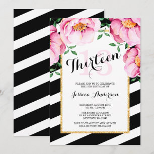 Invitation Aquarelle moderne Floral Stripes 13e anniversaire