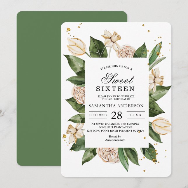 Invitation Aquarelle moderne Floral Vert & Jaune Cadre (Devant / Derrière)