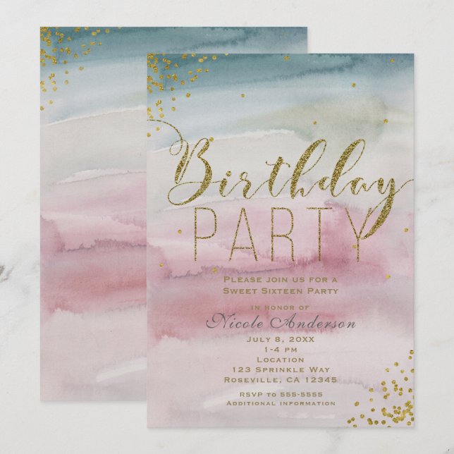 Invitation Aquarelle moderne Gold Confetti fête d'anniversair (Devant / Derrière)