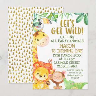 Invitation Aquarelle moderne Gold Safari Animaux Anniversaire