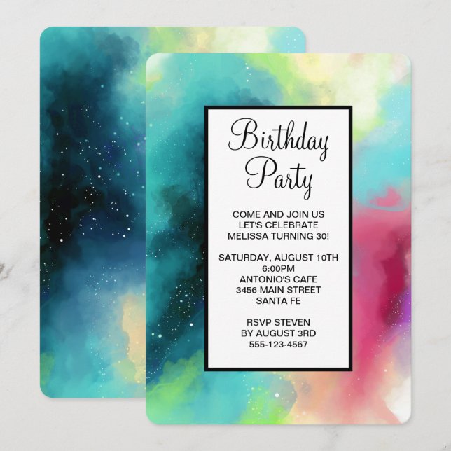 Invitation Aquarelle moderne Green & Red Space Nebula (Devant / Derrière)