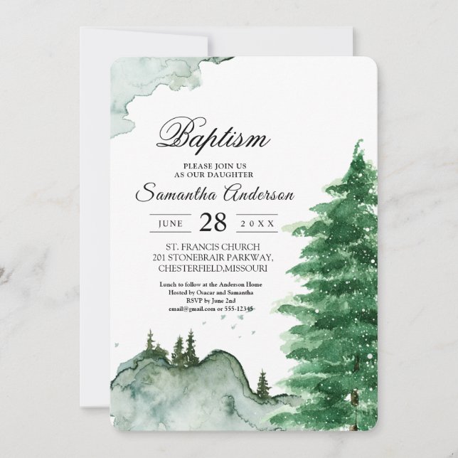 Invitation Aquarelle moderne Hiver Nature Arbres verts Invita (Devant)