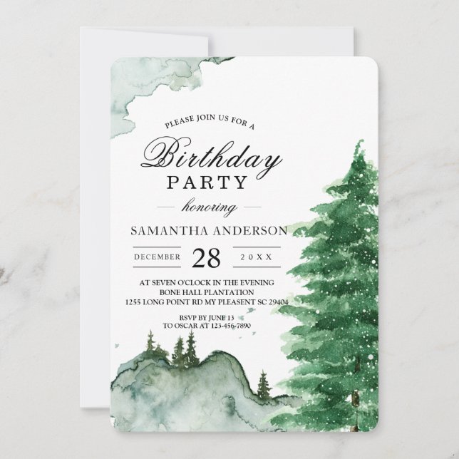 Invitation Aquarelle moderne Hiver Nature Arbres verts Invita (Devant)