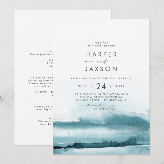Invitation Aquarelle moderne | Mariage avant et arrière Turqu (Devant / Derrière)