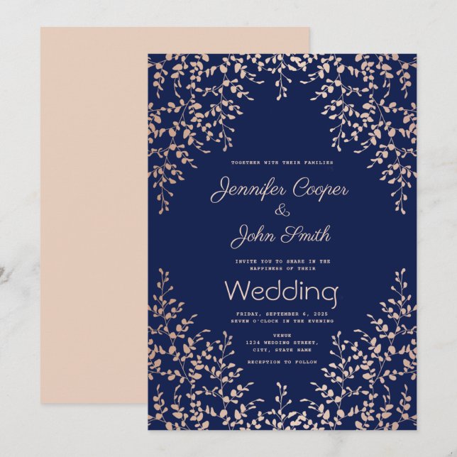 Invitation Aquarelle moderne Mariage botanique bleu rose (Devant / Derrière)