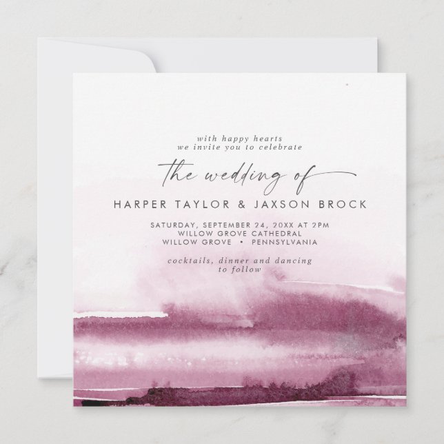 Invitation Aquarelle moderne | Mariage Carré rouge (Devant)