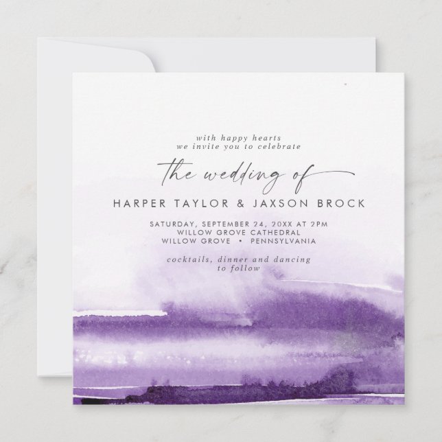Invitation Aquarelle moderne | Mariage Carré violet (Devant)