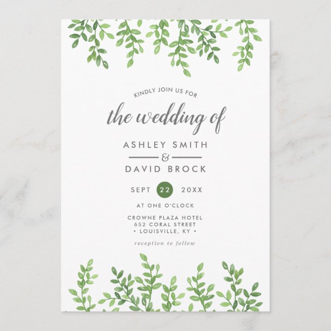 Invitation Aquarelle moderne Mariage vert (Devant)