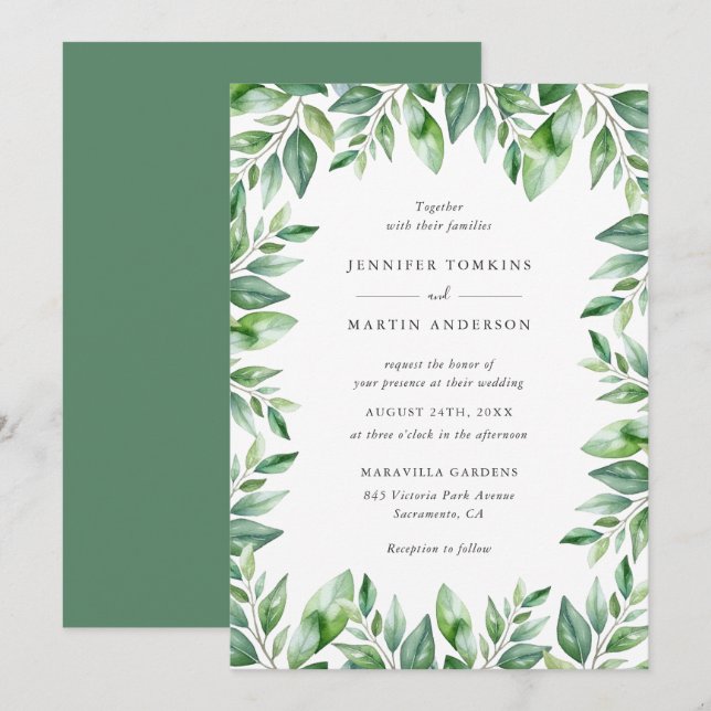 Invitation Aquarelle moderne Mariage vert (Devant / Derrière)