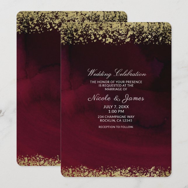 Invitation Aquarelle moderne Moody Maroon & Gold Mariage (Devant / Derrière)