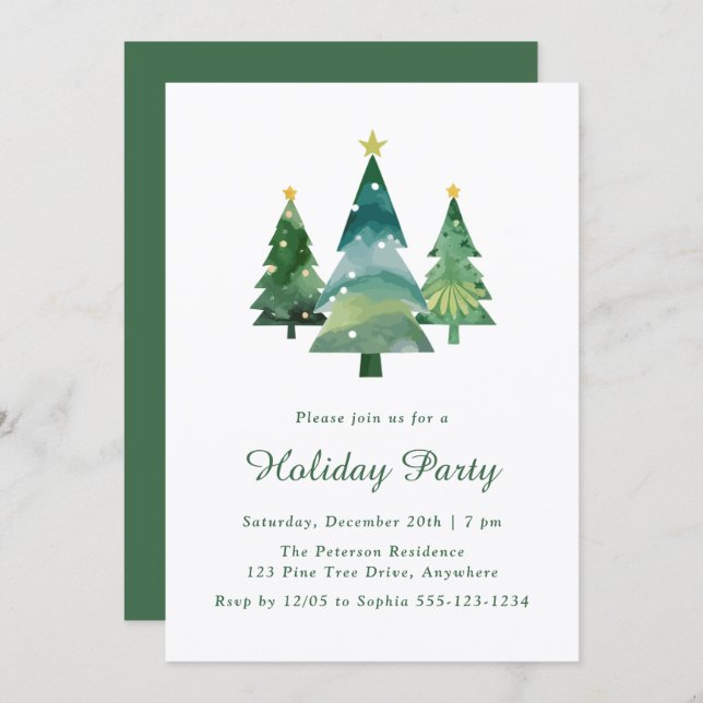 Invitation Aquarelle moderne Noël Arbre fête (Devant / Derrière)
