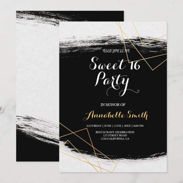 Invitation Aquarelle moderne noir et or Douceur géométrique 1 (Devant / Derrière)