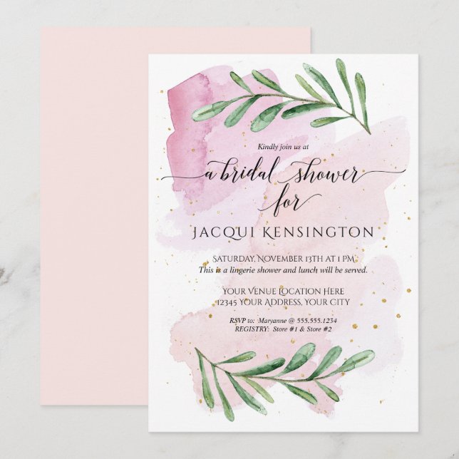 Invitation Aquarelle moderne or n rose Eucalyptus vert (Devant / Derrière)