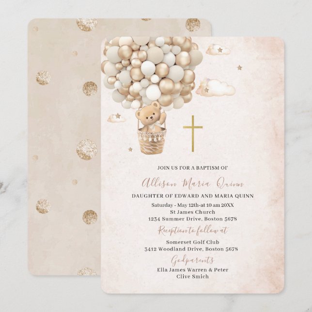 Invitation Aquarelle moderne Ours en peluche Baptême (Devant / Derrière)