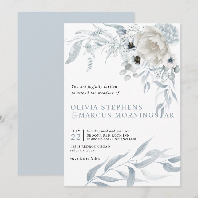 Invitation Aquarelle moderne Pale Dusty Bleu Floral (Devant / Derrière)