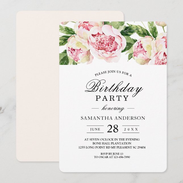 Invitation Aquarelle moderne Peonas roses et feuille verte (Devant / Derrière)