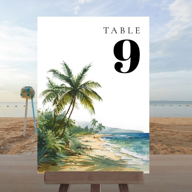 Invitation Aquarelle moderne Plage tropicale Numéro de tablea (Modern Watercolor Tropical Beach Table Number)