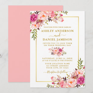Invitation Aquarelle moderne Rose Blush Floral Mariage Or