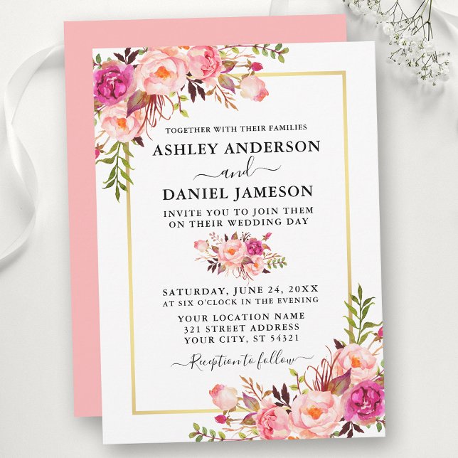 Invitation Aquarelle moderne rose Blush Rose Floral Mariage (Customize to change color of back of card.)