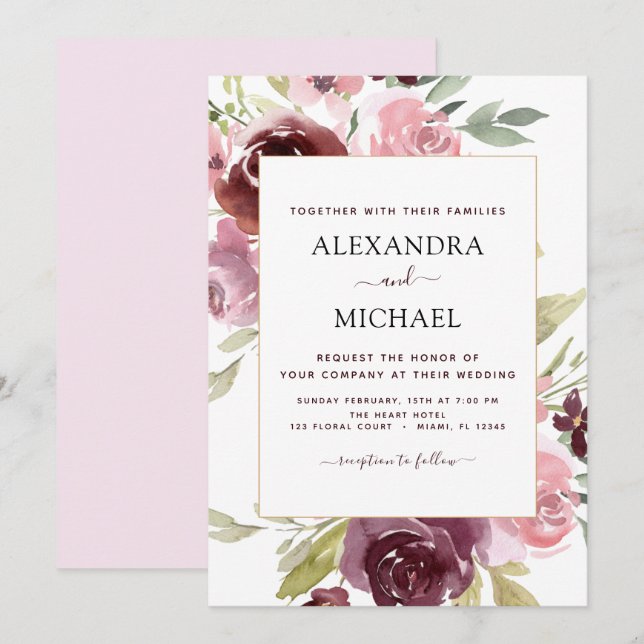 Invitation Aquarelle moderne rose Bourgogne Mariage Floral (Devant / Derrière)