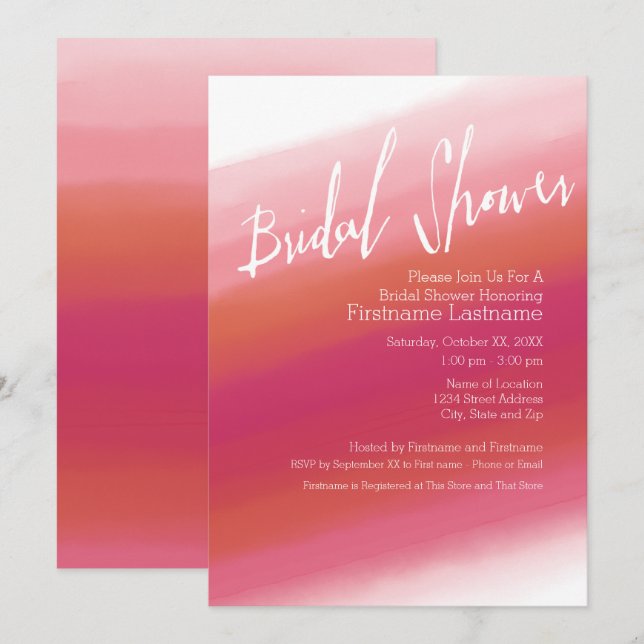 Invitation Aquarelle moderne rose chaud & Fête des mariées or (Devant / Derrière)