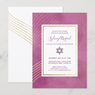 Invitation Aquarelle moderne rose et Bat mitzvah or